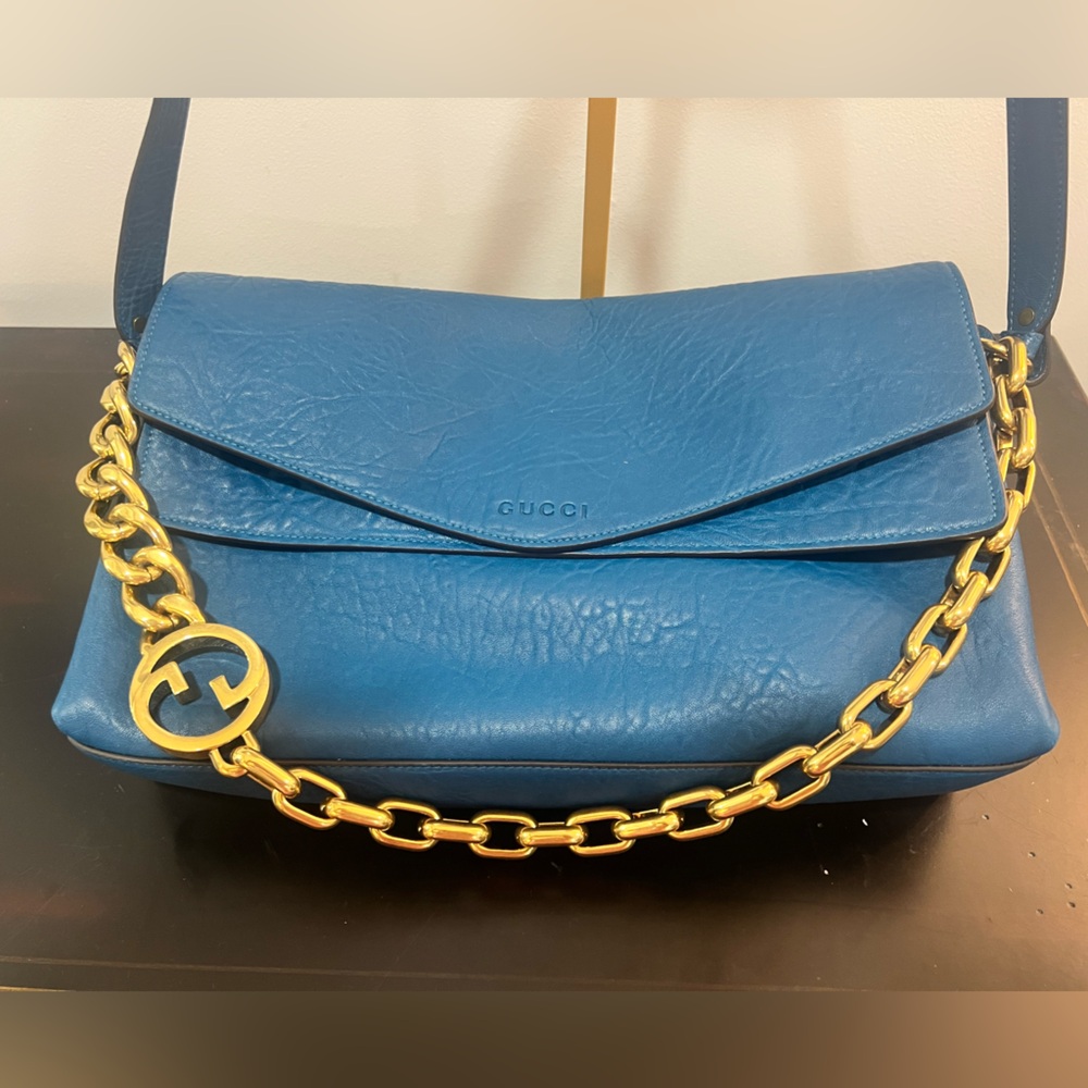 Gucci Chain link large leather bag in petrol blue pics continued